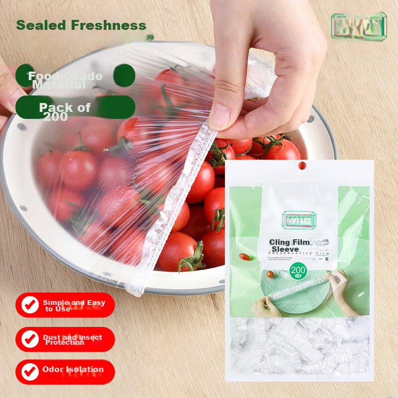 Fangcaodi Disposable Food-Grade PE Cling Film Covers 200pcs Dustproof Insect-Proof Elastic Opening Universal Size