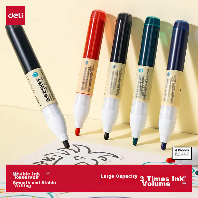 Deli Large Capacity Smooth Writing Liquid Whiteboard Marker Set Office Stationery Meeting Teaching Thick Barrel Color Marker Pen 4 Colors SK232