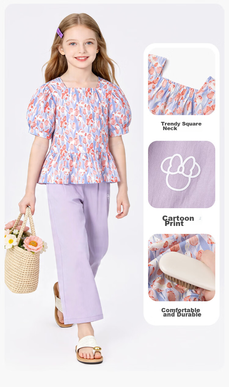 Disney Girls' Short Sleeve T-Shirt Set Summer Floral Cotton Top Two-Piece Light Blue 110 8