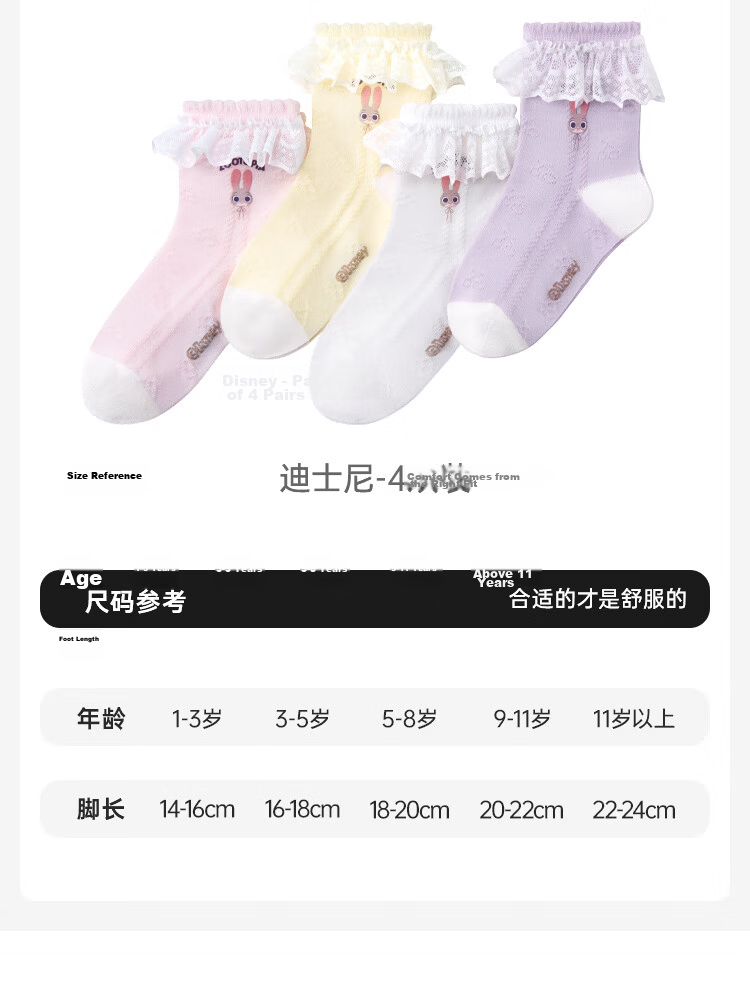 Disney Sweet Lace Seamless Socks 26 Summer Girls Cute Judy Mid-Calf Socks 10A Mesh Socks 4-Pack M 8