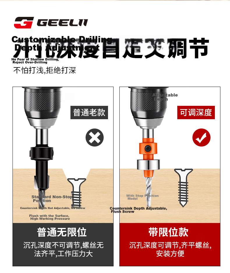 GeeLii Countersink Drill Bit with Stop Woodworking Wood Board Hole Opener Screw Countersink Punch Tool 3.0mm 56502 11
