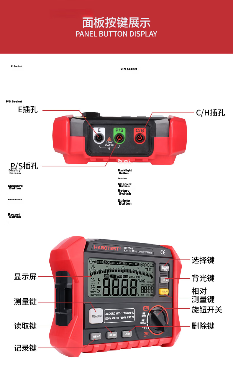 HABOTEST HT2302 Ground Resistance Tester Megohmmeter Electrician Insulation Resistance Tester 10