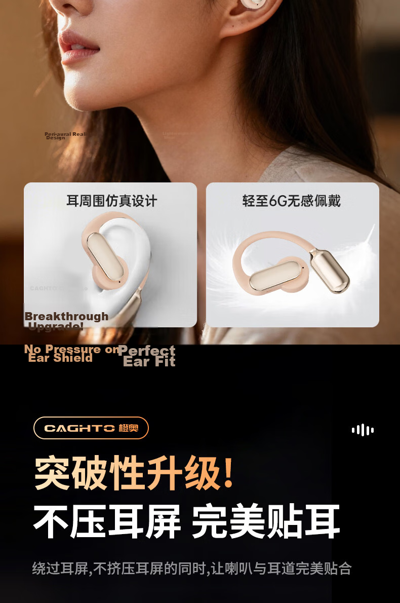 Chengao Clip-On Bluetooth Earphones AI Translation Open-Ear Sports Running Cycling Ear Hook Long Battery Life Noise Cancelling Gaming Low Latency Universal G13Pro Black 17