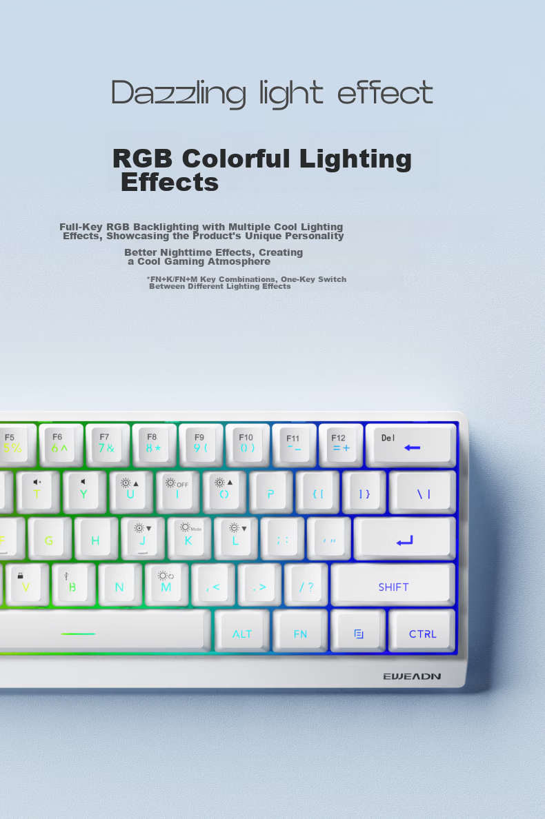 EWEADN F61 Wired Keyboard RGB Lighting Silent Office Mechanical Feel Slim Gaming Portable 61-Key Membrane Keyboard for PC Laptop Tablet iPad Carbon Black 6