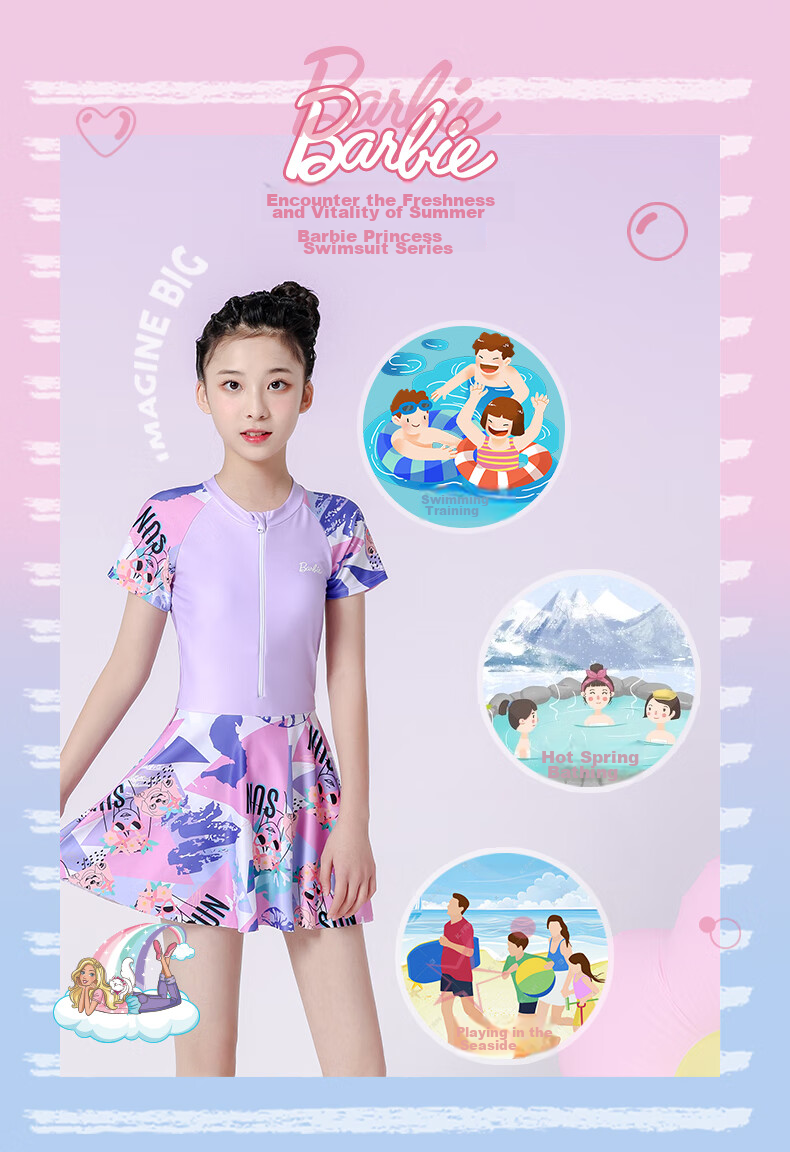 Barbie Girls' One-Piece Swimsuit Dress for Older Children, Stylish Swimsuit for Young Girls And Middle School Students 2