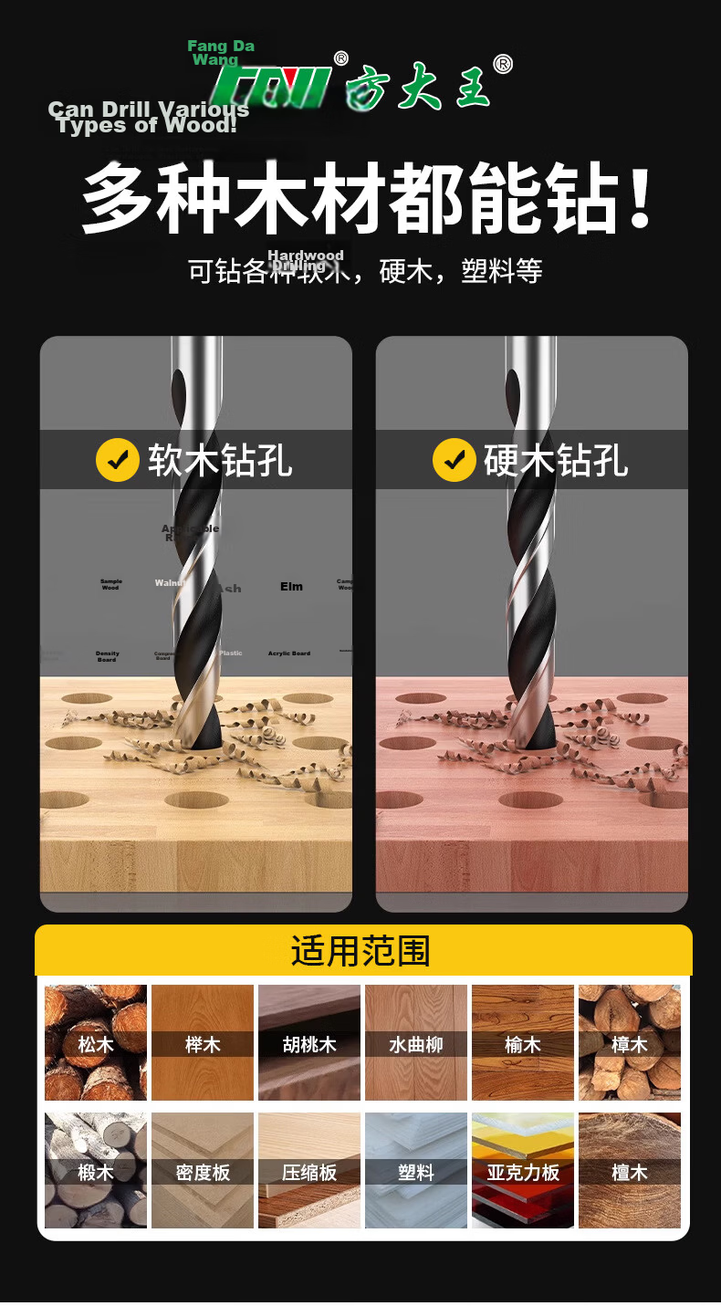 Fang Da Wang Woodworking Three-Point Drill Bits Round Shank Precise Positioning Faster Drilling 3+4+5+6mm Set of 4 4