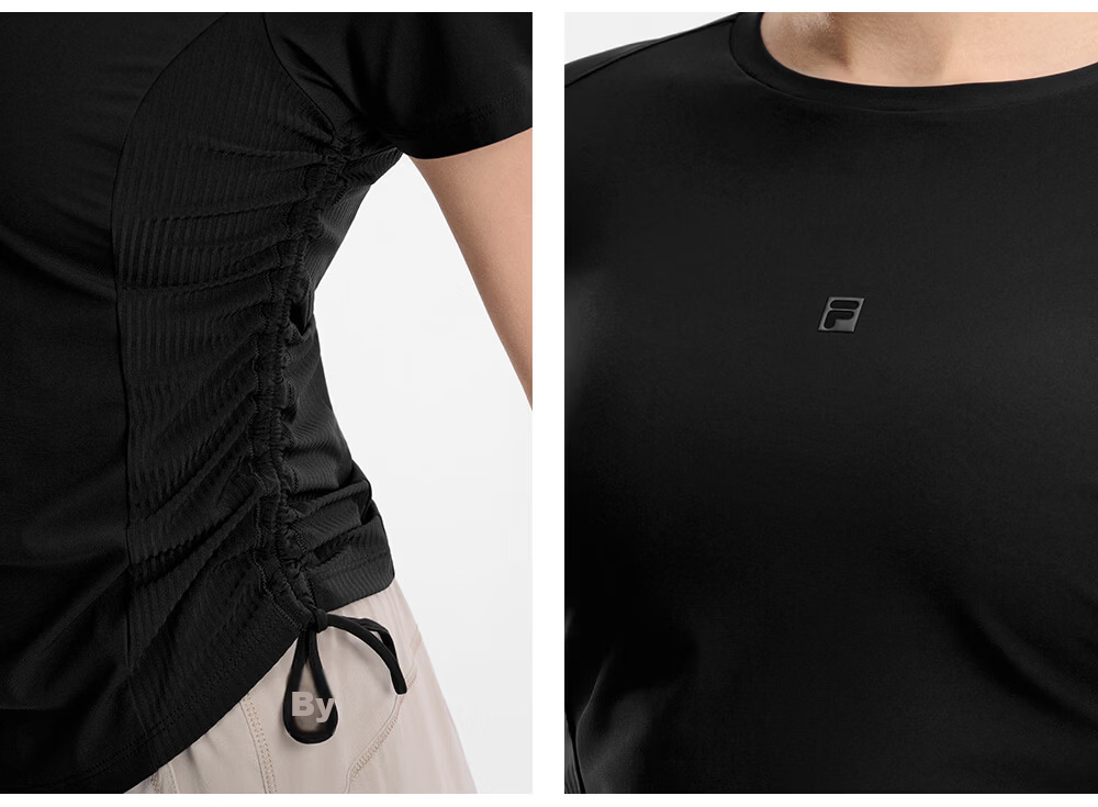 FILA Official Women's Knitted Short Sleeve Shirt 2026 Summer New Fitness Sports Patchwork Crew Neck Black T-Shirt 9