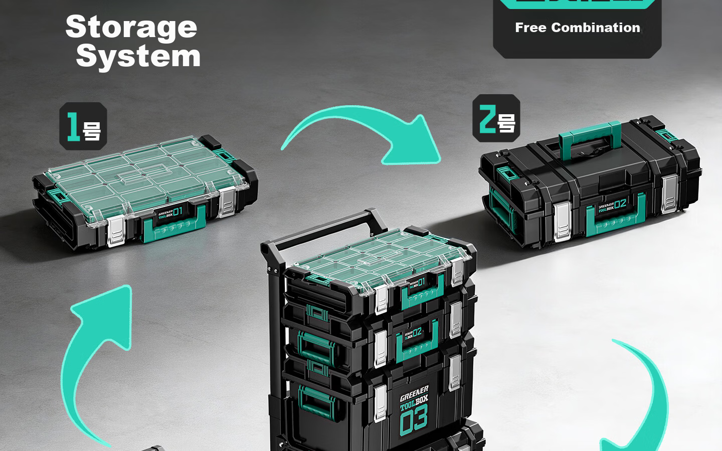 GREENER Stackable Large Capacity Modular Stacking Hardware Toolbox Multifunctional Industrial Grade Set Trolley Case No.3 9