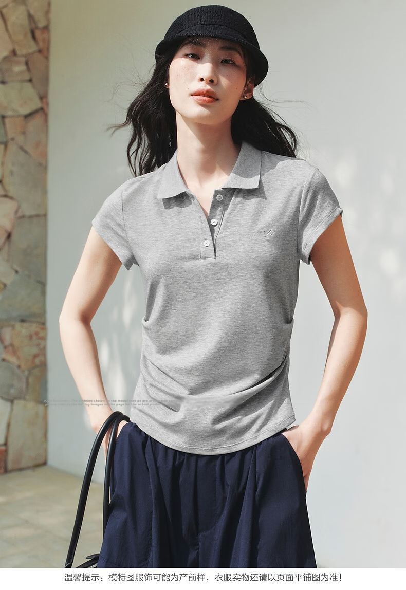 Peacebird Women's T-Shirt High-Intelligence Commuting Polo Collar Short Sleeve Spring Waist Pleated Design Black S 17