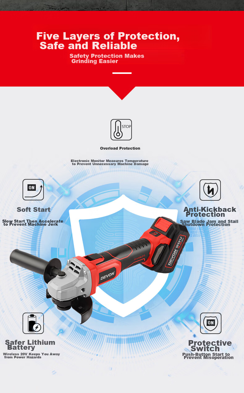 Devon 20V Brushless Lithium Angle Grinder 2903 Electric Polishing Grinding Machine Metal Cutting 100mm Bare Tool 9