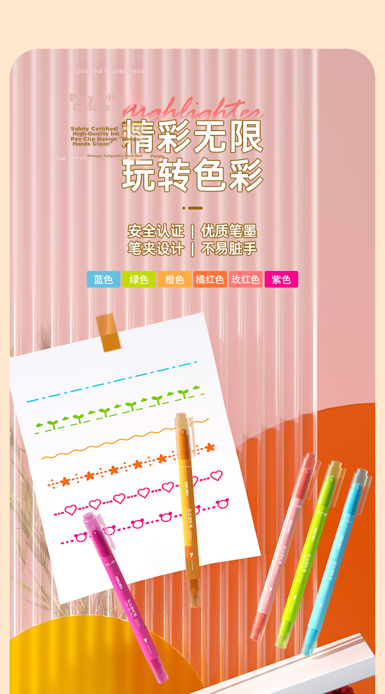 Deli Stationery [Large Capacity Direct Liquid] Highlighter Pens for Student Exams And Review, Colorful Marking Pens for Key Points, Fluorescent Colors, 6 Pens/Box SK157 1