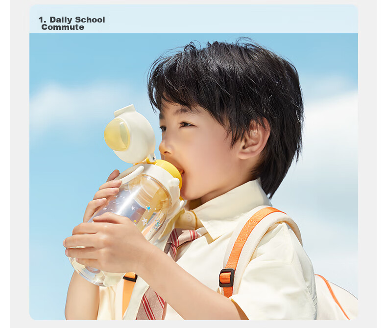 Huang Chong Big-Eyed Cute Children's Water Bottle Summer School Drinking Cup PPSU Direct Drinking Straw Cup Starry Sea Voyage 450ml + Strap 7