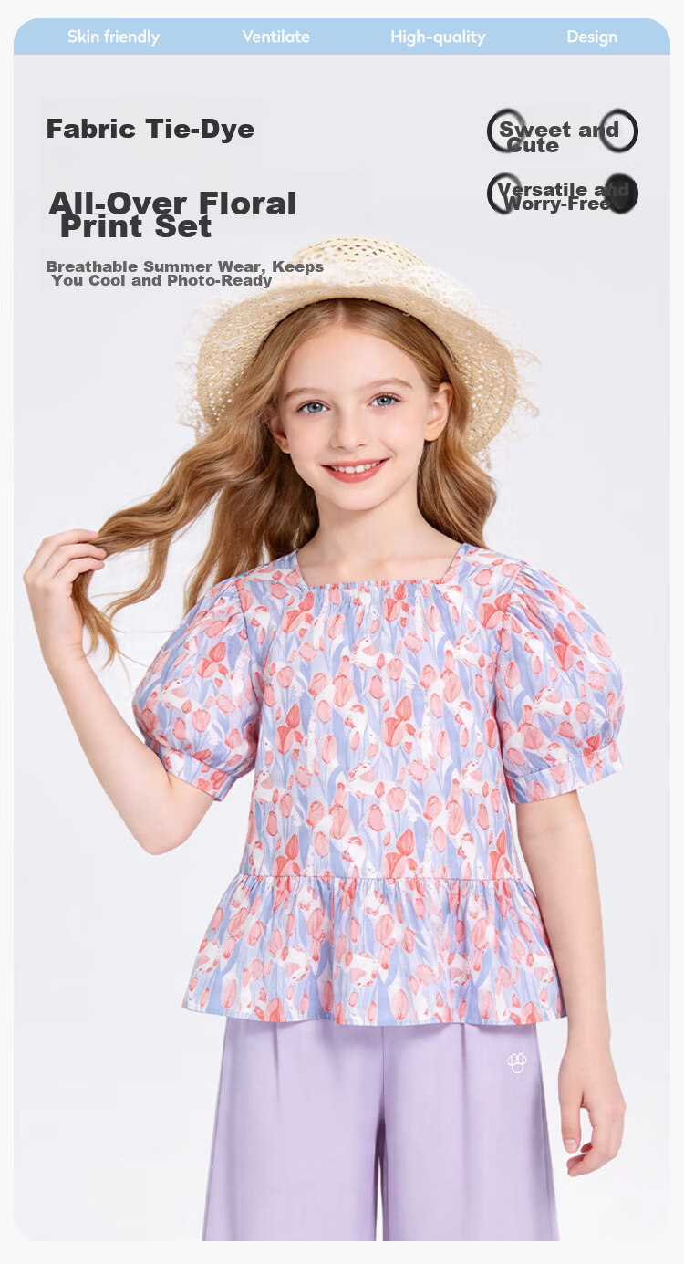 Disney Girls' Short Sleeve T-Shirt Set Summer Floral Cotton Top Two-Piece Light Blue 110 1