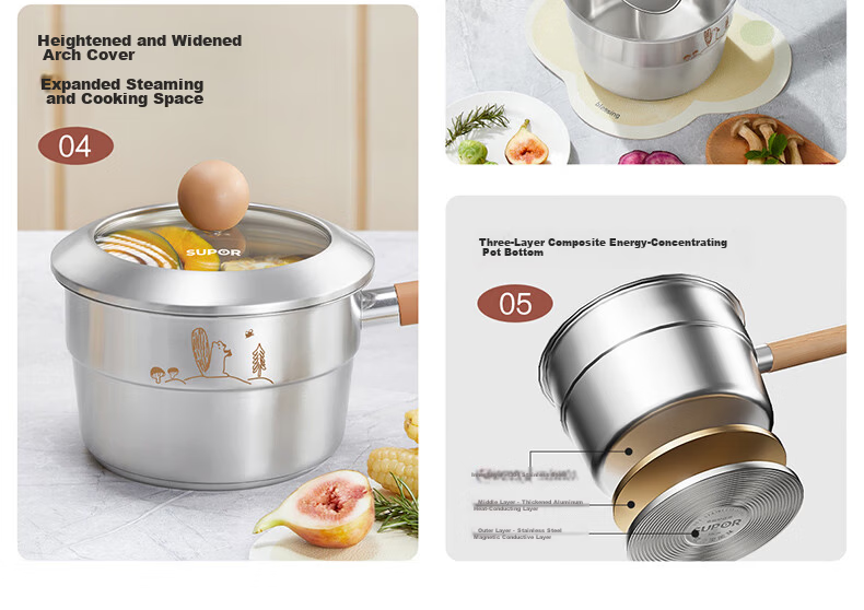 SUPOR Milk Pot, Baby 316L Stainless Steel Food Pot, for Baby Noodles, Hot Milk, Soup Pot, Compatible with Induction Cooker, 18cm 7