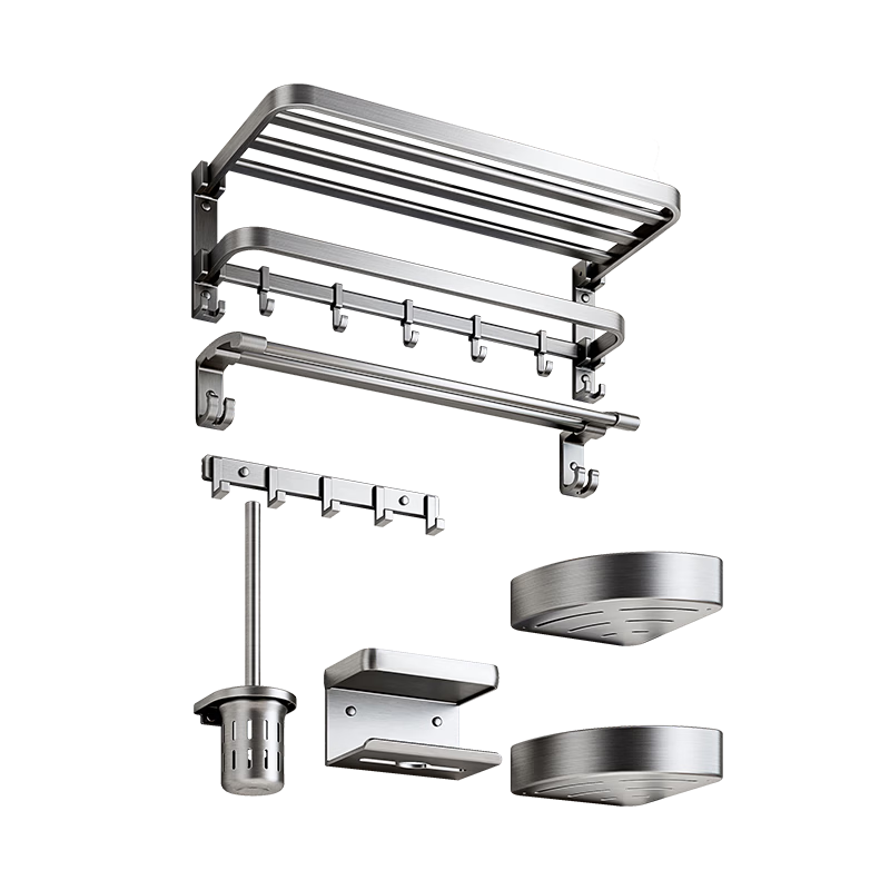 JD Jingzao Towel Rack Bathroom Storage Space Aluminum Anodized No Drilling Toilet Shower Organizer 7-Piece Set Gunmetal Gray