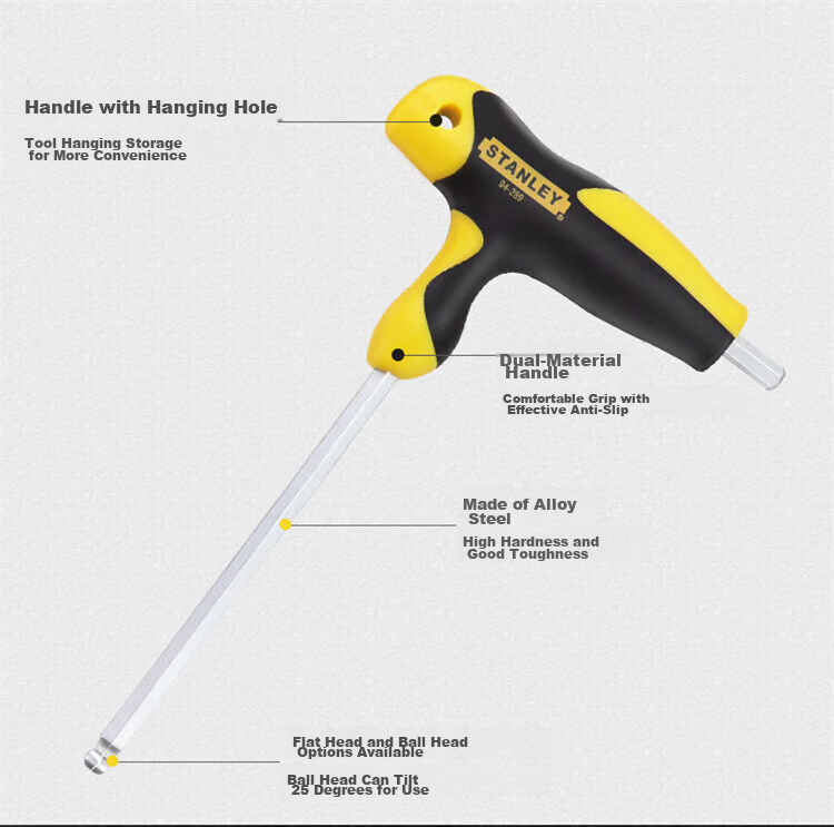 STANLEY T-Handle Flat Head Metric Hex Wrench Industrial Grade Hex Key Repair Tool 94-347-23 2