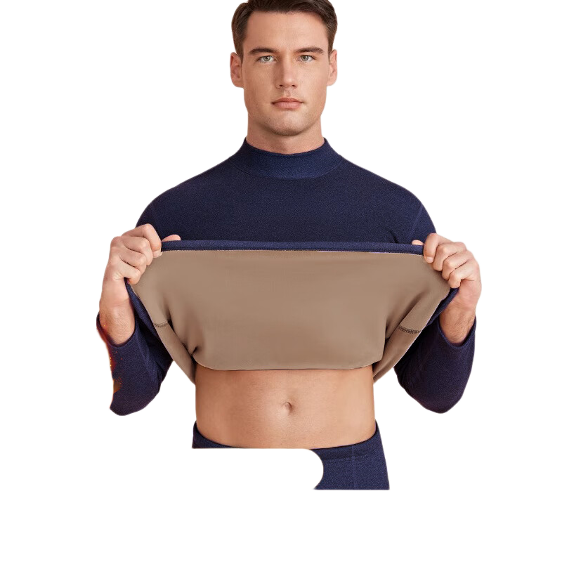 LangSha Men's Thermal Underwear Set Fleece Lined Thickened Lambswool 7A Antibacterial Mite-Resistant Mid-High Collar Windproof Autumn Shirt and Pants Set