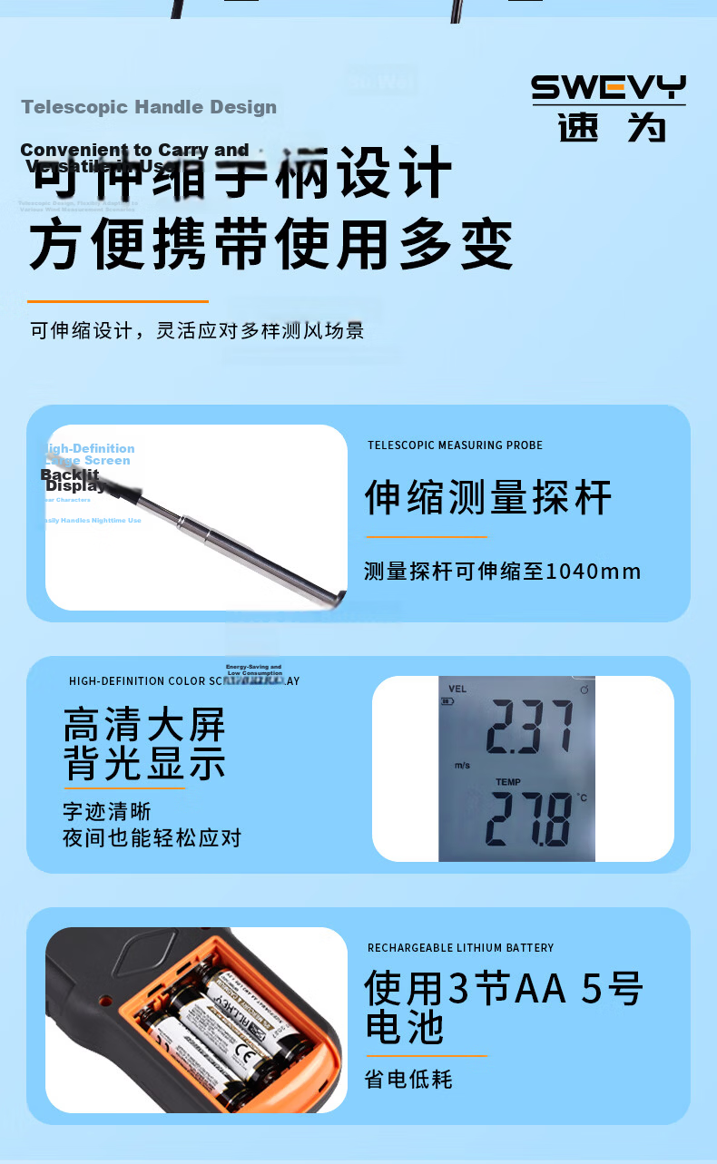 Suowei Thermal Anemometer Hot-Wire Anemometer High-Precision Wind Speed Meter SW6076 13