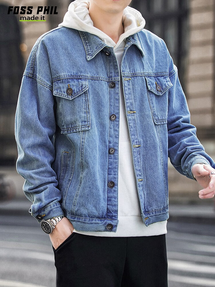 Foss Phil Men's Denim Jacket, Spring And Autumn Casual Retro Trendy Loose Fit Hong Kong Style Workwear Jacket Top FPJK4 Black XL 11