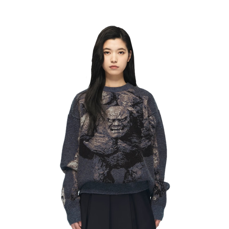 Heishenhua Stone Head Sweater Cyan Blue Size L Heishenhua Wukong Official Merchandise Unisex Jacquard Loose Thick Crew Neck Pullover Knit Sweater