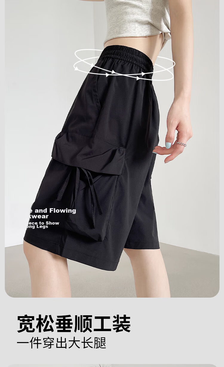 Xueqiman Large Pocket Workwear Shorts Women Summer 2026 New American Style Quick-Dry Ice Silk Cool Straight Sports Knee-Length Pants 3