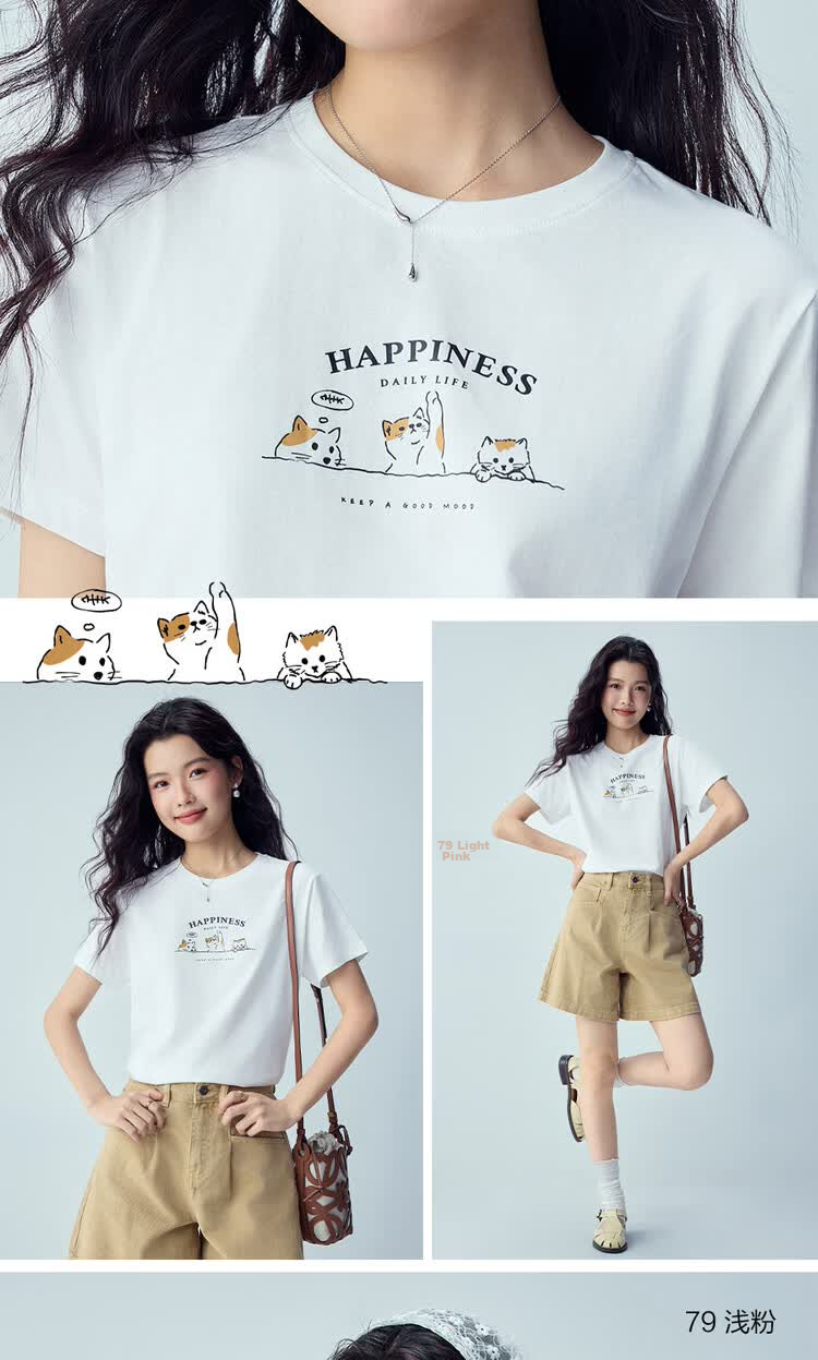 Giordano Women's Short Sleeve T-Shirt New Pure Cotton Cute Pet Print Crew Neck Top 13396302 18