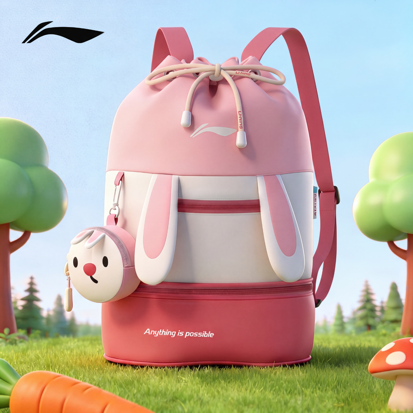 LI-NING Kids Swimming Bag Waterproof Large Capacity Portable Dry and Wet Separation Sports Backpack for Boys and Girls 7372 Pink