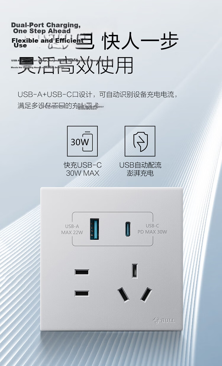 BULL G60 Series 10A Angled Five-Hole Ultra-Thin Socket Panel G60Z223A Space Silver 13
