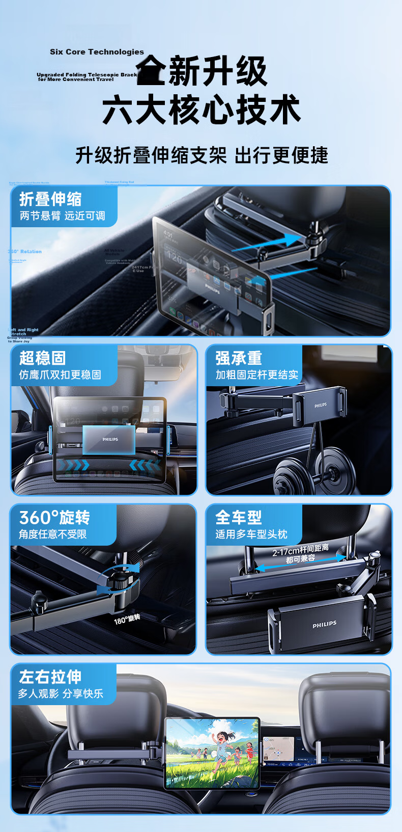 PHILIPS 2026 New Car Rear Seat Tablet Stand for iPad and Foldable Screen Phones Travel Gadget 3