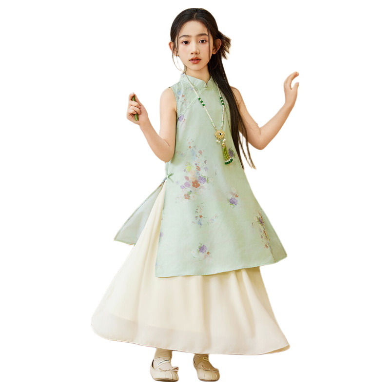 ASK JUNIOR Chinese-Style New Modern Girls' Summer Outfit Set: Sleeveless Dress And Skirt Two-Piece Suit