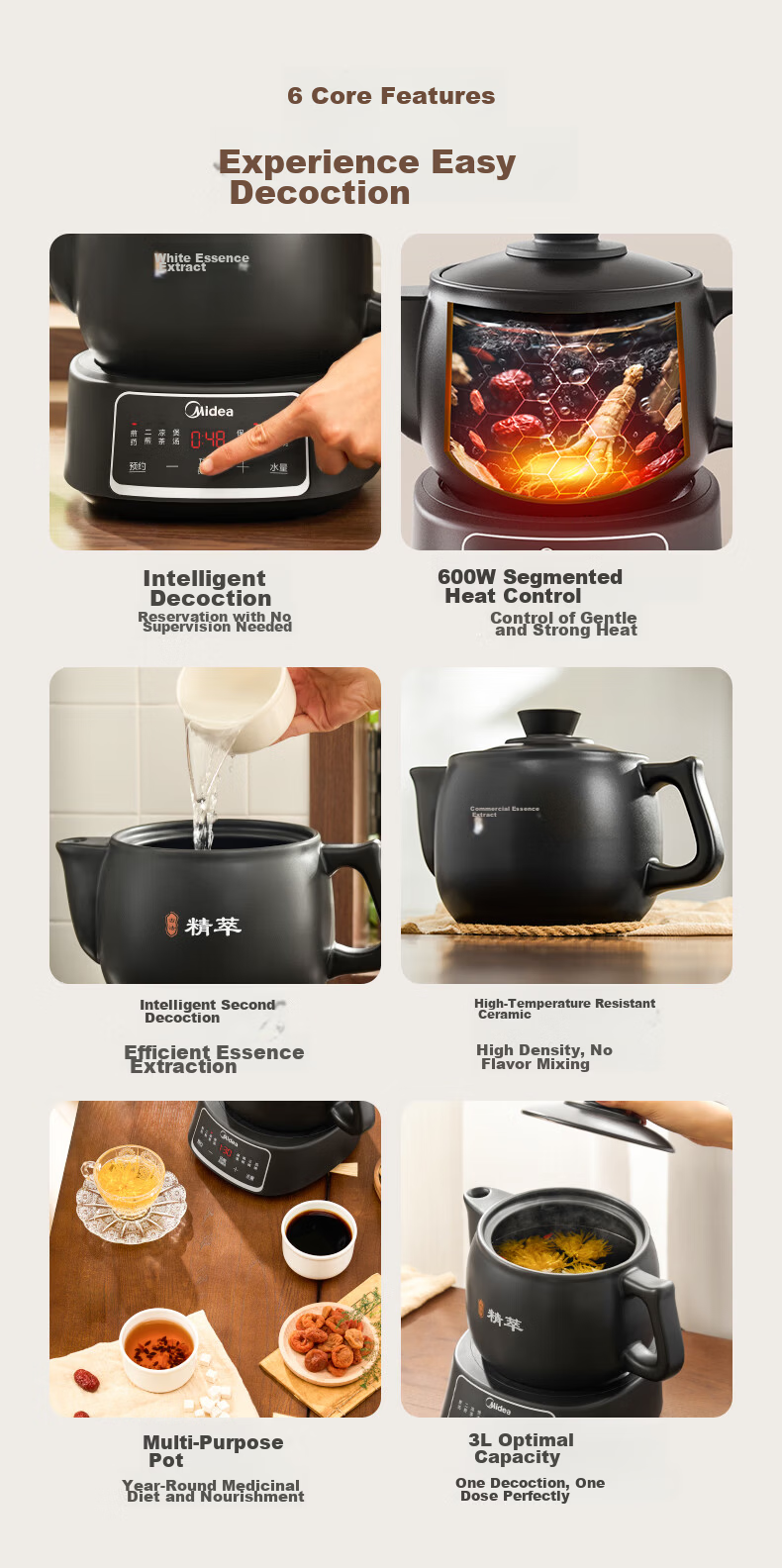 Midea Smart Herbal Medicine Cooker Electric Herbal Pot Automatic Herbal Decoction Pot Large Capacity Ceramic Split Design JYC3060 4