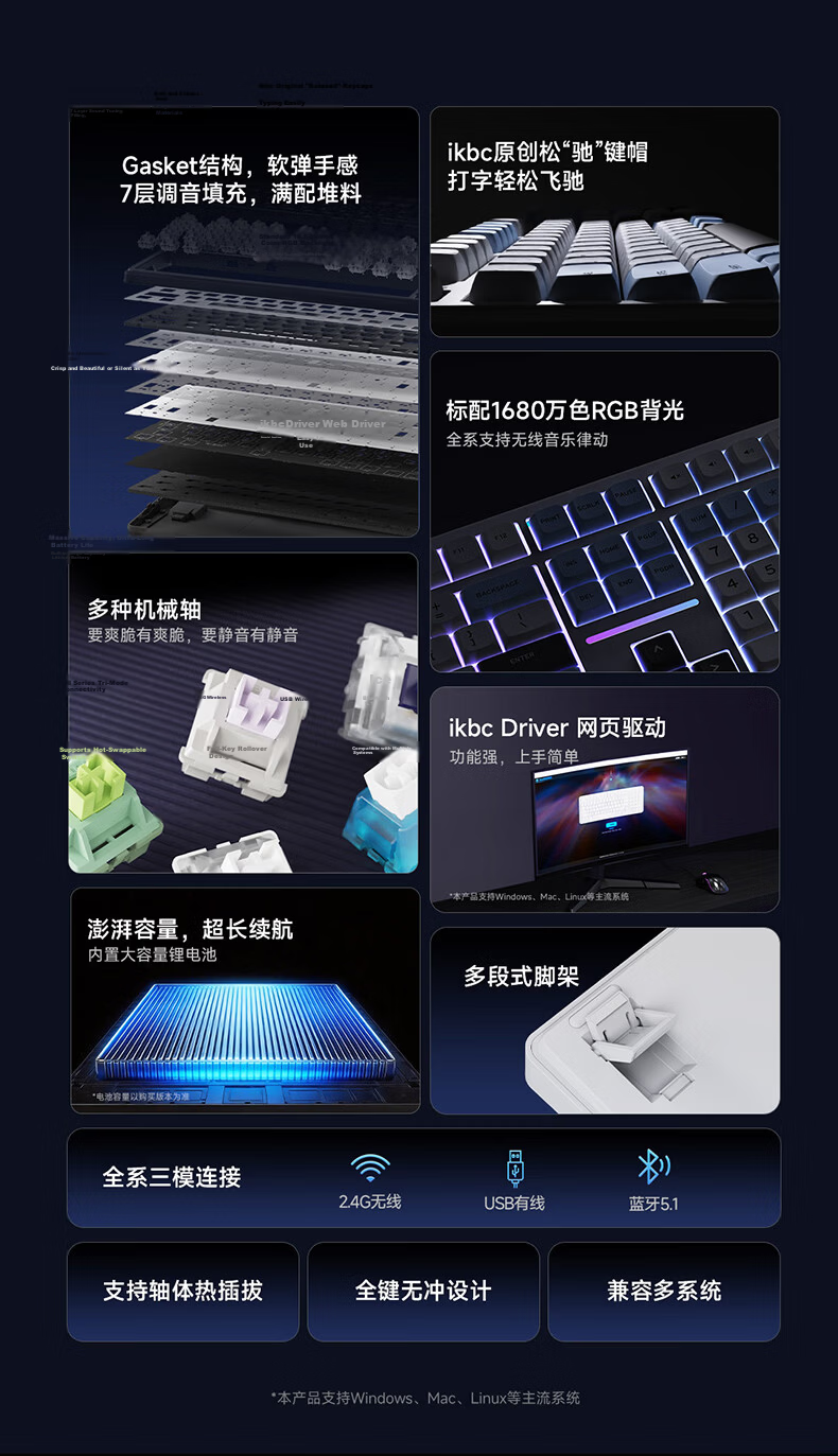 Ikbc K87 Customizable Keyboard, 87 Keys, E-Sports Gaming Keyboard, Office Typing Comfortable, Tri-Mode Mechanical Keyboard, Gaming Keyboard, New Year Gift, Guangmu King Switch 45g 4