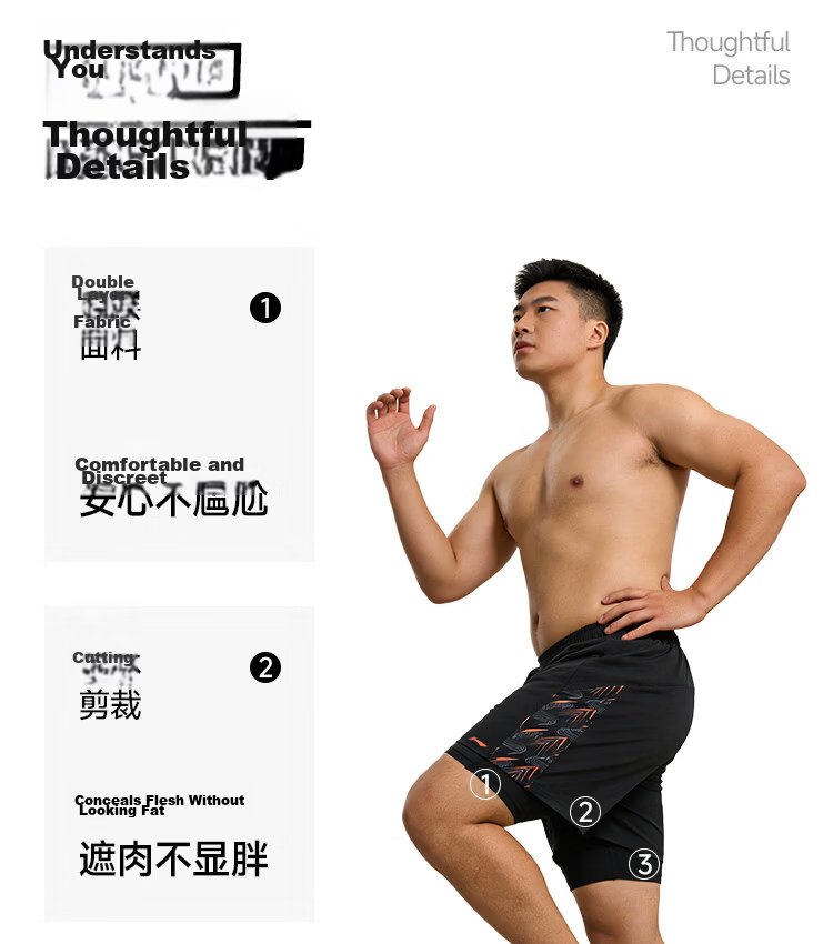 LI-NING Men's Plus Size Swim Trunks Large Size Loose Fit Hot Spring Suit 856 Black 5XL 4
