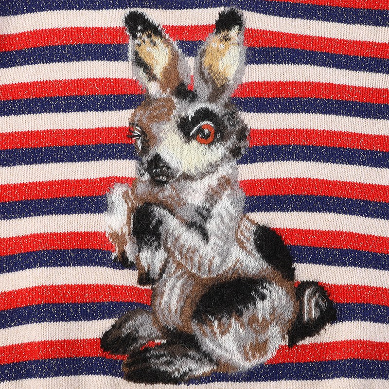 gucci 古驰 gucci毛衣 蓝色红色象牙色拼接混纺条纹兔子图案女士毛衣