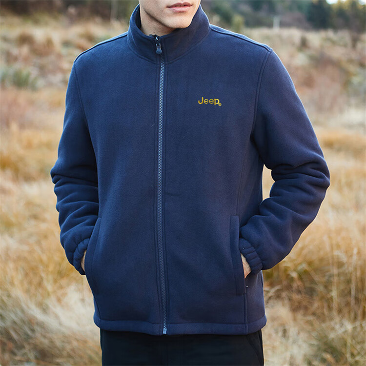 JEEP Men's Jacket, Trendy Simple Stand-Collar Fleece Jacket with Embroidery, Men's Fleece Coat 085, Black, M 13