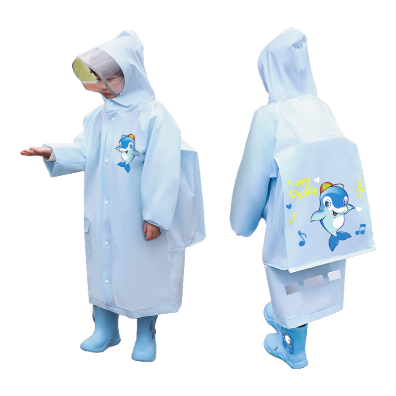 Moremerry Children's Raincoat for Boys And Girls, Full-Body Waterproof with Backpack Space, Elementary School Students' Special Rain Poncho, Little Dolphin Design, Size 4XL