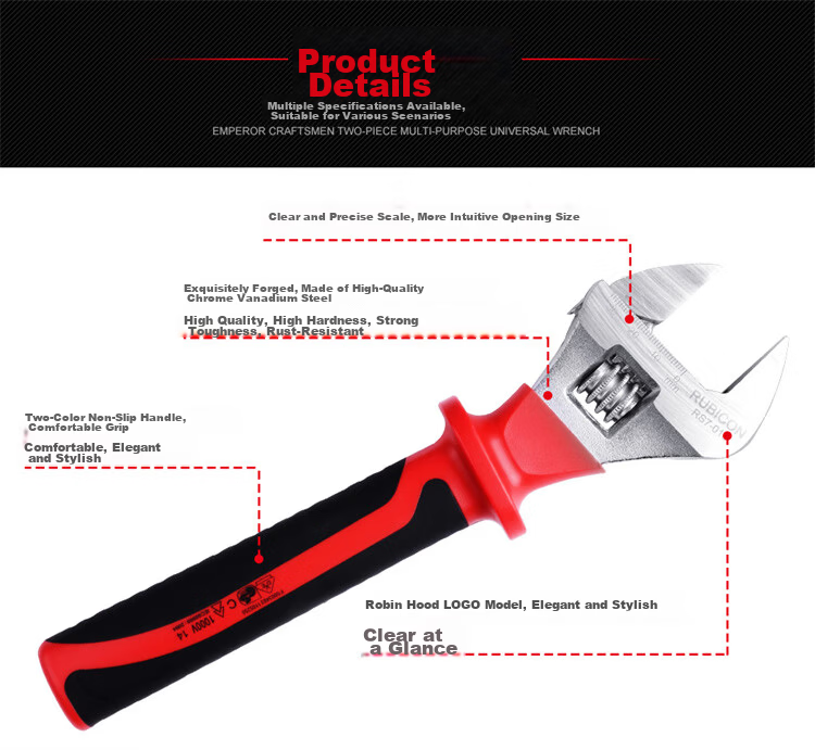 RUBICON High Voltage Insulated Adjustable Wrench Electrician Universal Wrench Large Opening 10 Inch RS7-010 2
