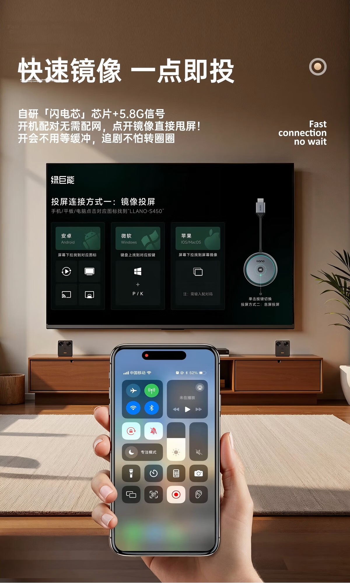 Llano Wireless Screen Mirroring Device for Mobile Phones 4K HD Video HDMI Transmitter Compatible with Apple Huawei Phones Computers Laptops TV Monitors Projectors S450 7