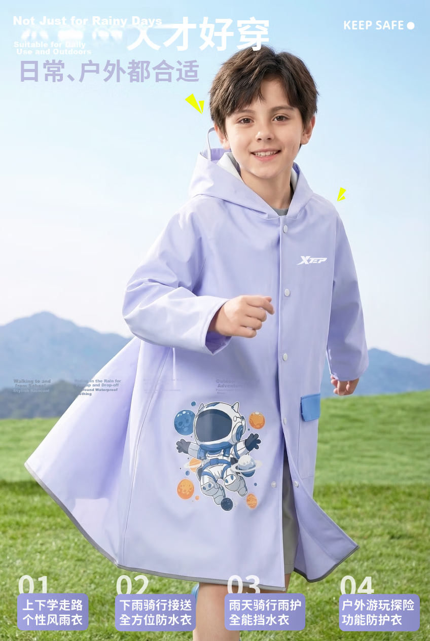 Xtep Kids Raincoat for 6-12 Years Old School Use Full Body Heavy Rain Protection with Backpack Cover 3XL Space Exploration Design 13
