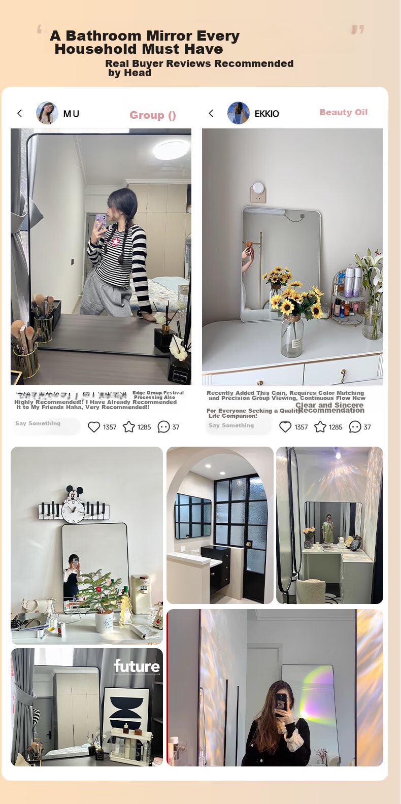 Quanpinwu Wall-Mounted Mirror Sticker Bathroom Mirror No-Drill Toilet Mirror Home Use High-Definition Glass Mirror 40x50cm 1