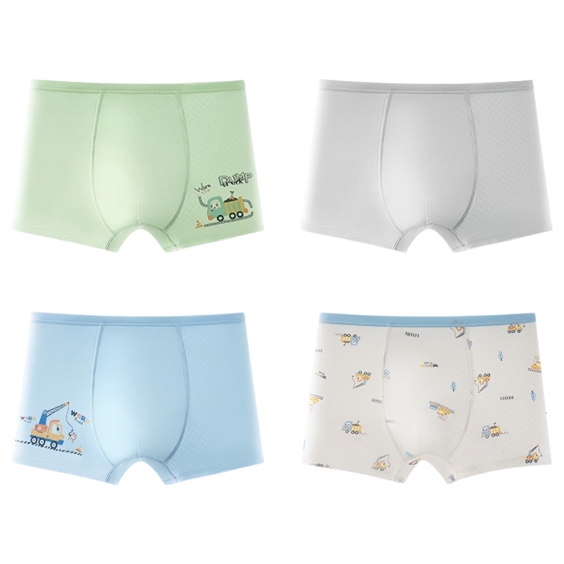 Hodo Boys' Summer Thin Ice Silk Boxer Briefs Developmental Underwear 4-Pack Car Excavator Design Size 120