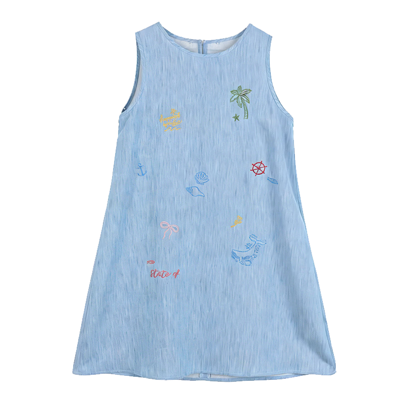 CHANZUIGOU Girls' Tencel Linen Denim Dress 2026 Summer New Elegant Printed Sleeveless Dress