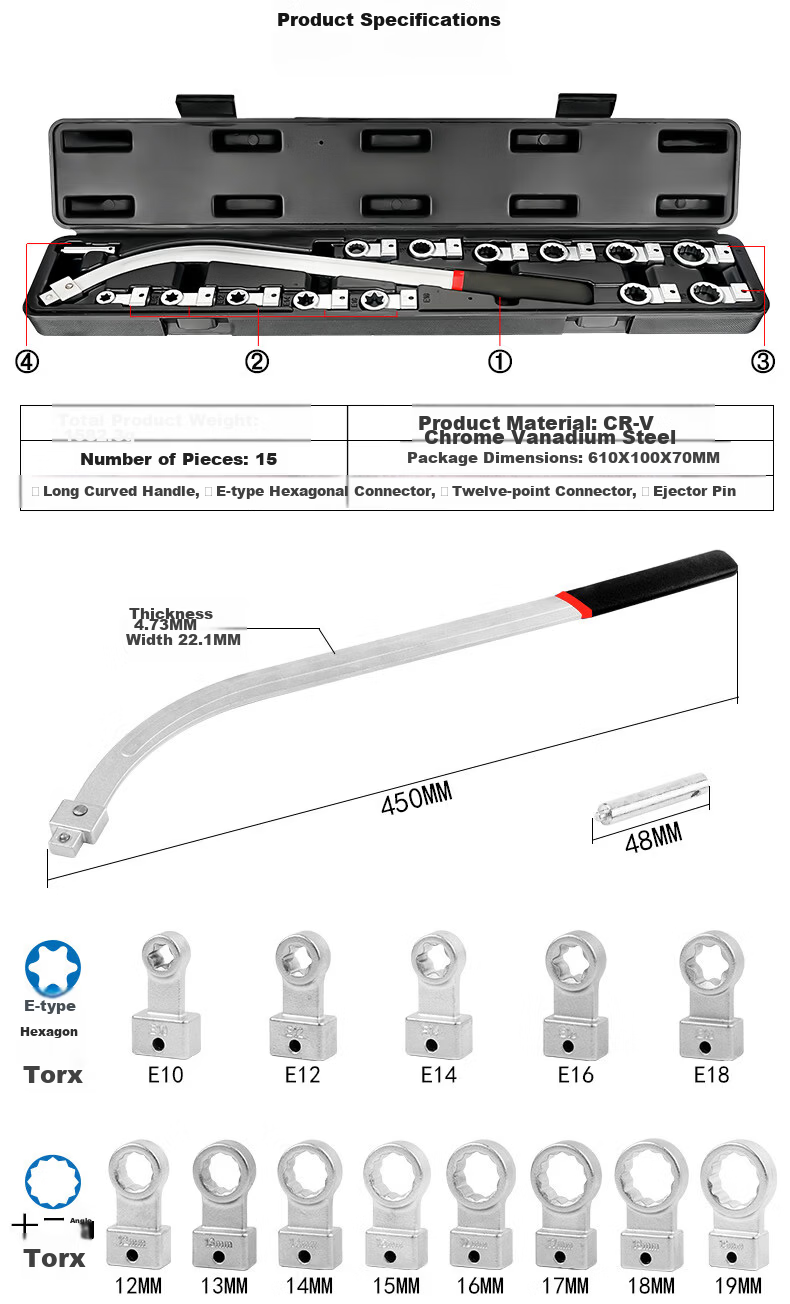 Kuanteng Car Engine Idler Tensioner Pulley Adjustment Wrench Extended E-Type Socket Wrench Special Disassembly Tool 2
