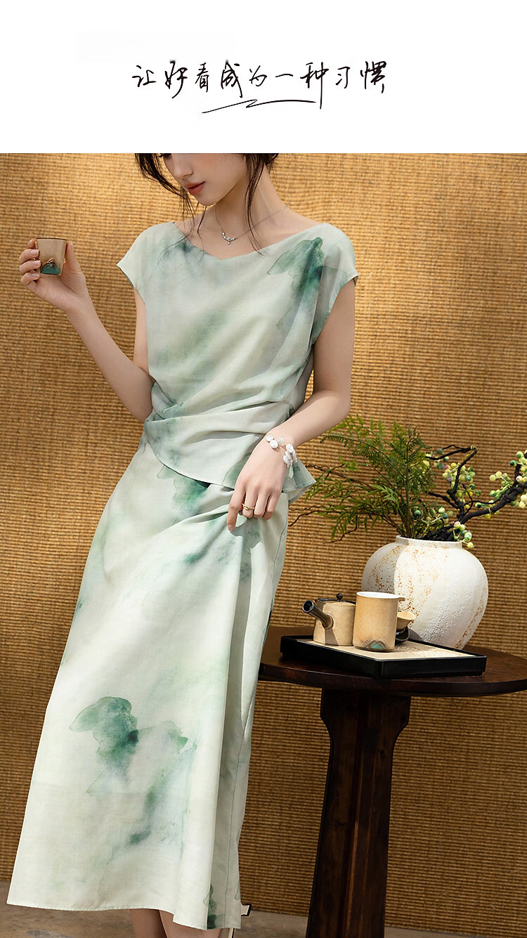Demana [Oriental Elegance] Summer New Chinese Style Two-Piece Illusion Off-Shoulder Printed Slim Fit Dress for Women Premium Quality 1