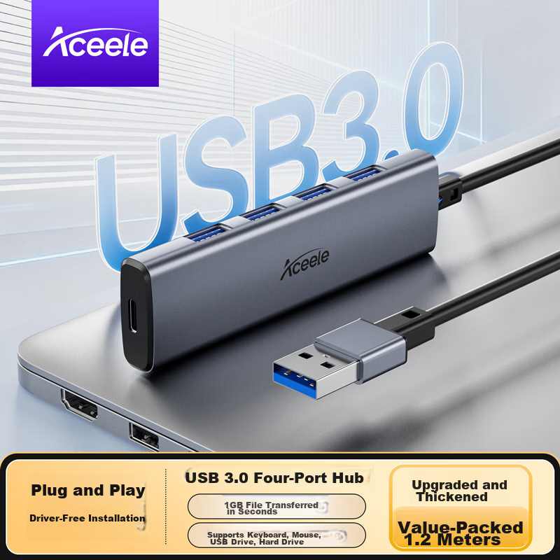 ACEELE USB 3.0 4-Port High-Speed Hub Type-C Power Delivery Splitter 4-in-1 Converter Plug and Play Smooth Aluminum Case Gray 0.2m