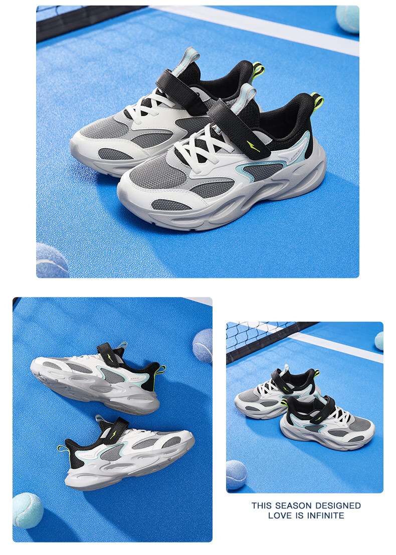 ERKE Kids Casual Shoes Boys and Girls Big Children Leather Mesh Running Shoes Black/Cove Blue/Microcrystalline White Size 33 32