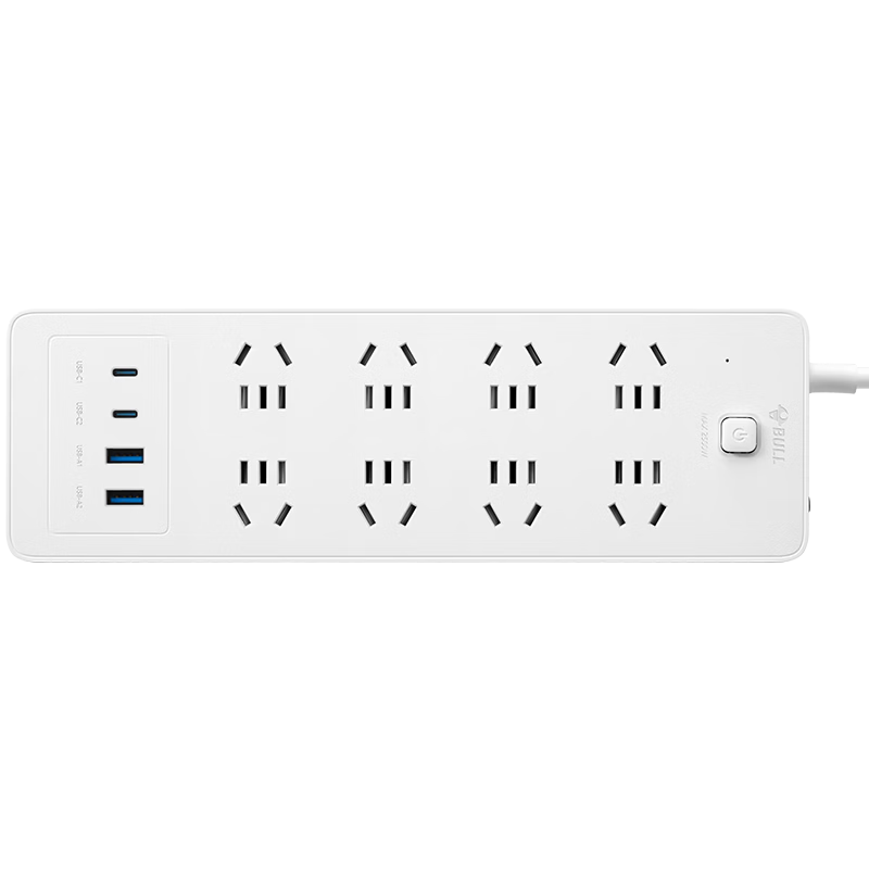 BULL 30000mAh PD Apple Fast Charging Overload Protection Power Strip/USB Cable/Power Outlet Desktop Charging Station, 8 Outlets, Total Length 3 Meters with Master Control, White, GNV-U1308