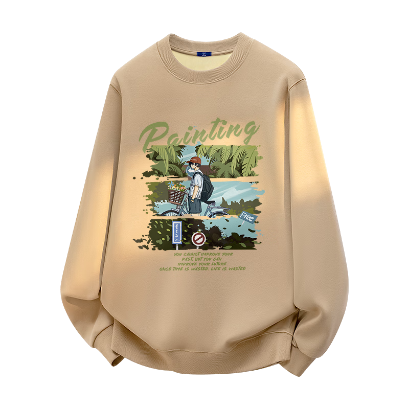 Fleece-Lined Sweatshirt for Men, Hoodless Pullover, Thickened for Winter, Inner Wear Base Layer Long-Sleeve Top, Khaki, 3XL