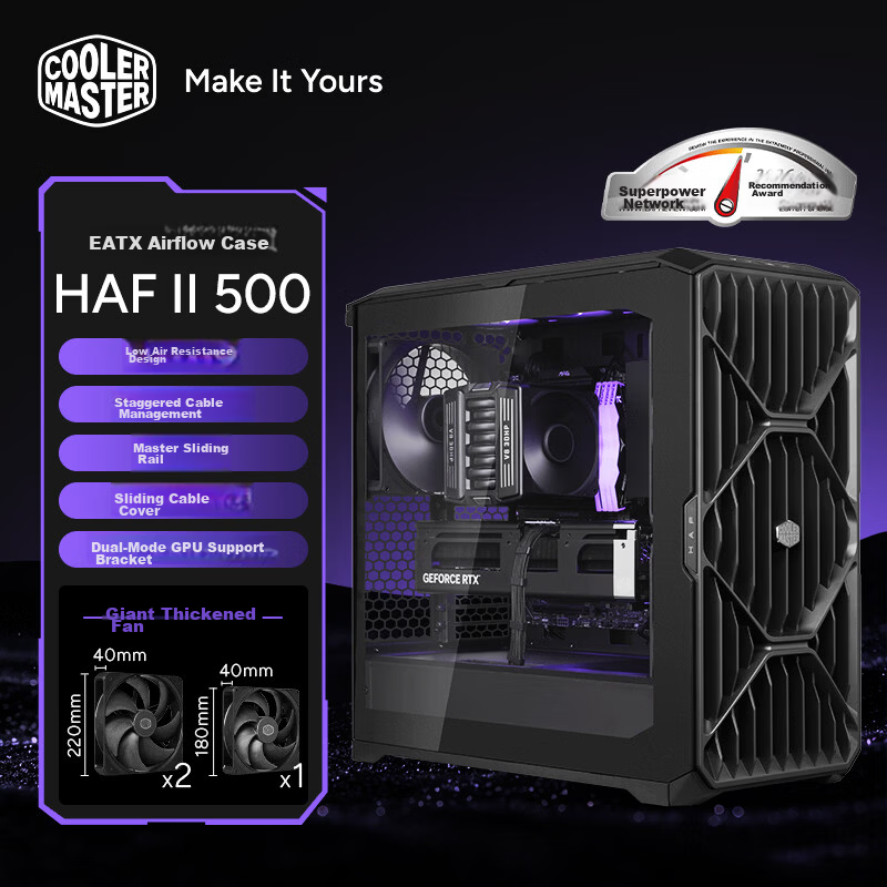 CoolerMaster HAF II 500 EATX Computer Case Master Sliding Rail/22040 Thickened Fan/Dual Mode GPU Bracket/Supports 4 Dual-Slot GPUs/Top-tier IO Panel