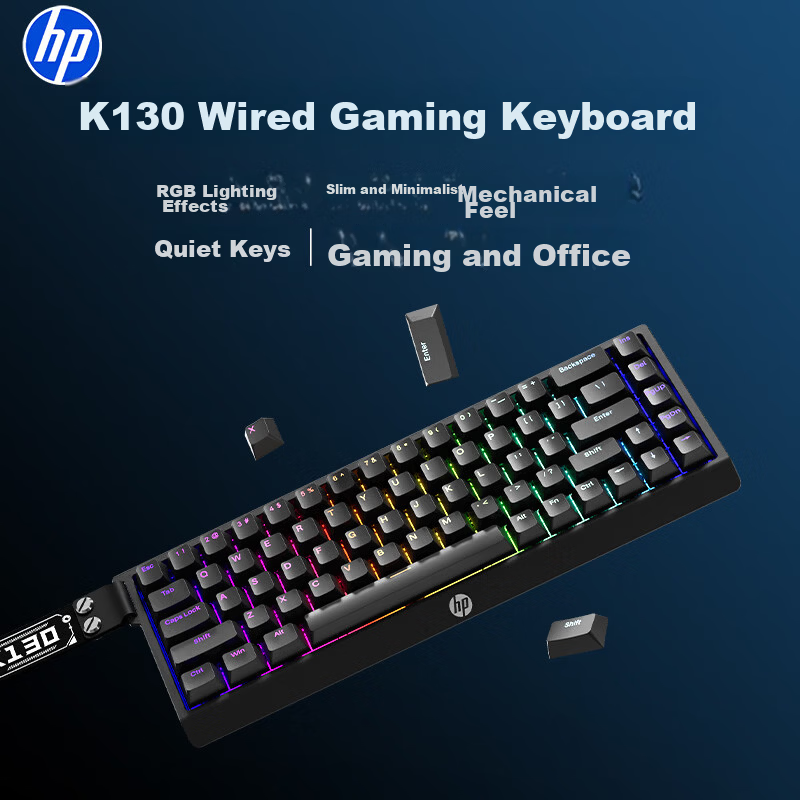 HP K130 Wired Quiet Mechanical Feel High-Value Portable 68-Key Keyboard for Women Office Laptop Gaming RGB Backlit Peripheral